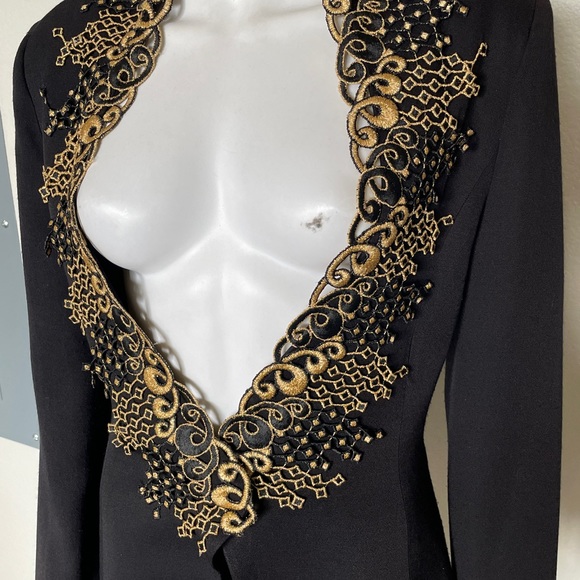 Vintage 90’s Black Gold Long Sleeve Collar appliqué Glam Blazer Jacket CasaDei - Picture 3 of 14